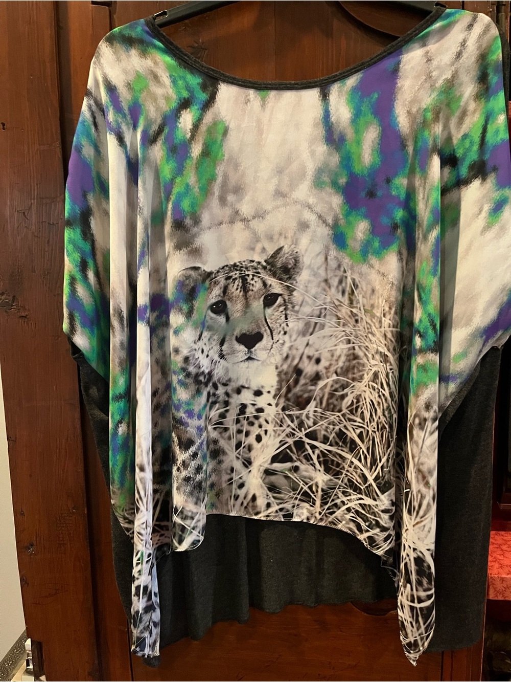 DREW Cheetah Photo Batwing Top in Black, White, Green & Purple